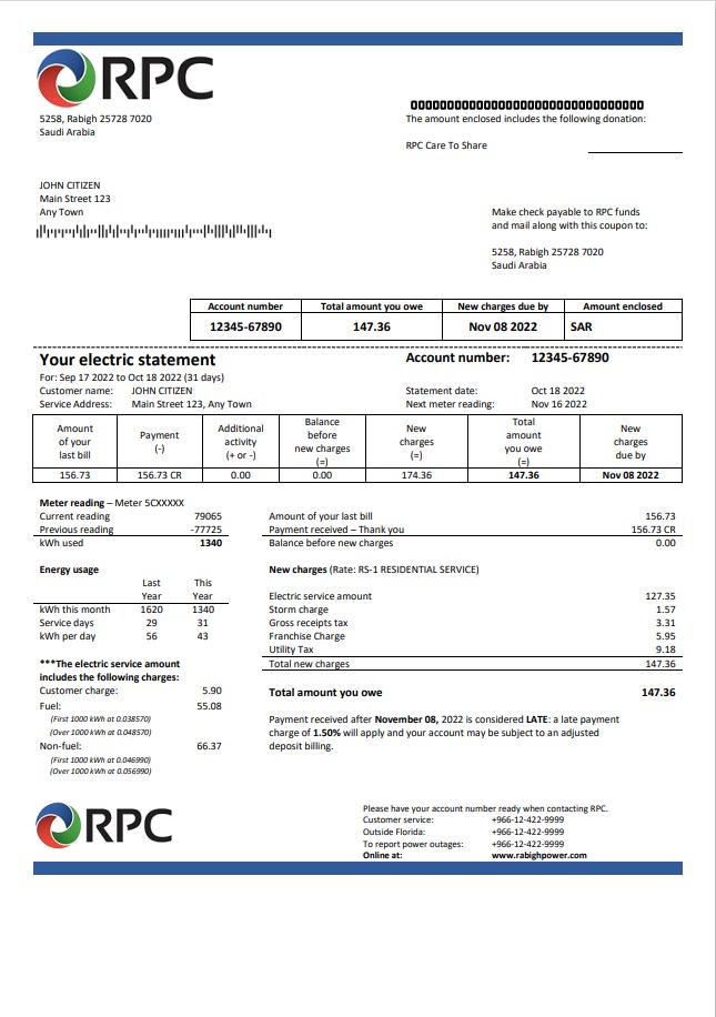 Saudi Arabia Rabigh Power Company utility bill, Word and PDF template
